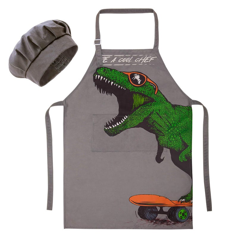 MHJY Kids Apron and Chef Hat for Boys Dinosaur Adjustable Child Aprons with Pockets for Cooking Baking Painting 3-12 Years - Image 1